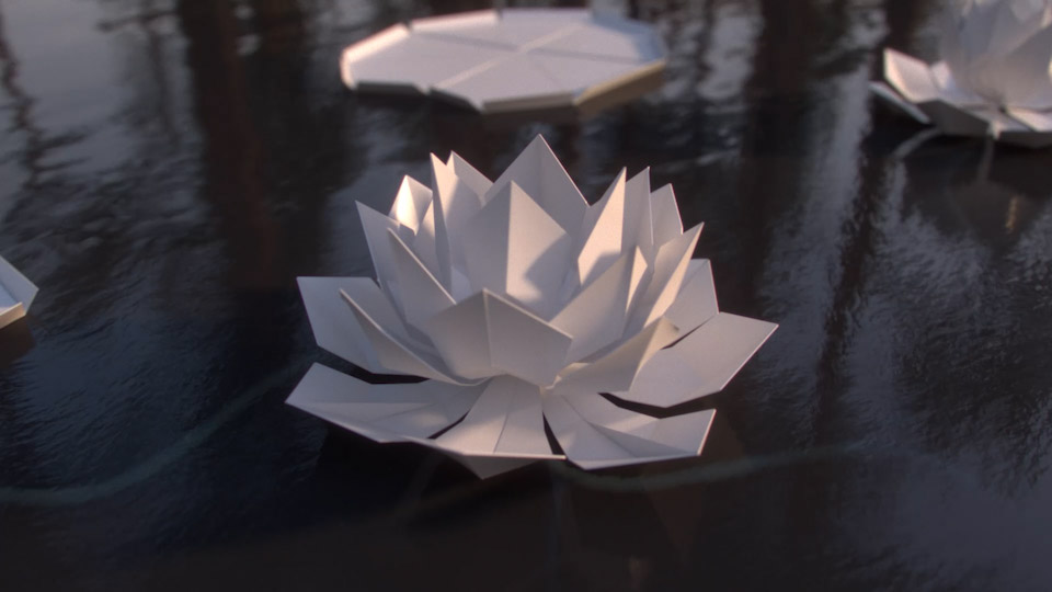Paperboard flower floating in water, animated film for commercial. Production company Magoo Animation